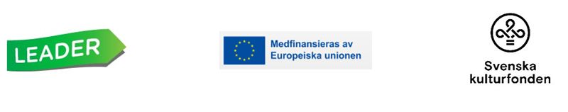 Leader logon som grön bakgrund och vit text, EU flaggan, Svenska Kulturfonden.